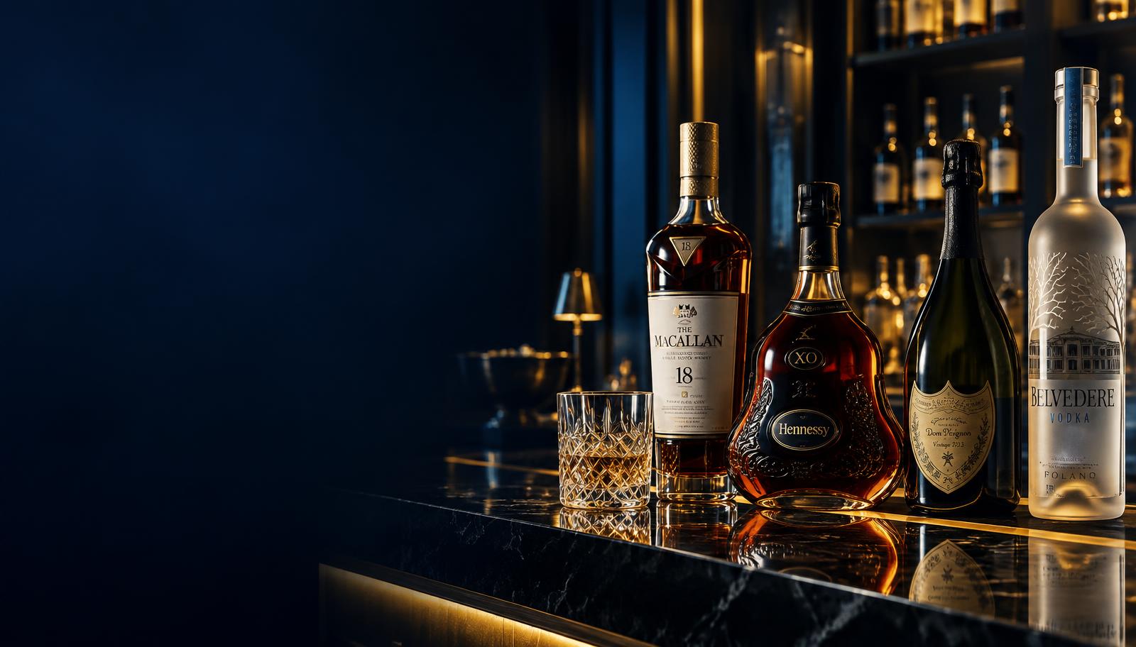 Premium alcohol bottles in a dark luxury bar